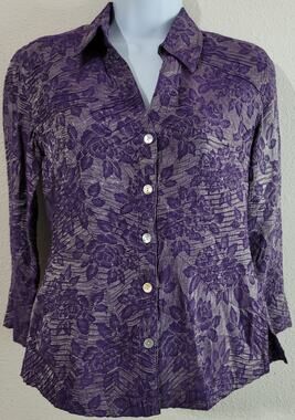 Scott Taylor Silver Purple Floral Ruched Button Up Top Small Asymmetrical Hem